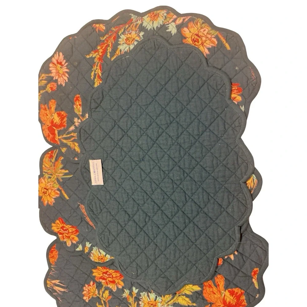 April Cornell Teal / Floral Oval Scalloped Quilted Reversible Placemats Set of 4